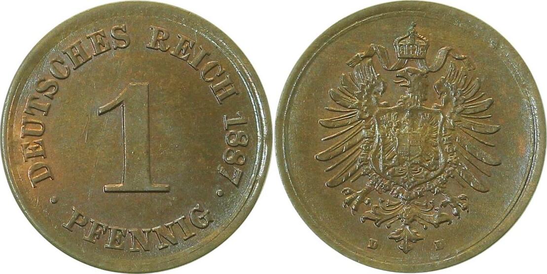 00187D~1.3 1 Pfennig  1887D f.prfr/stgl, tlw. Originalfarbe J 001  