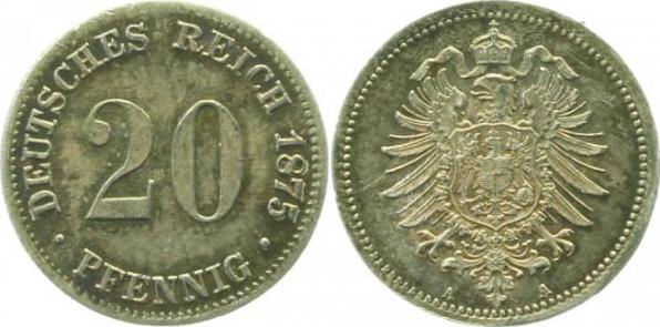 00576A~1.5-PAT 20Pfennig  1876A vz/st schöne Patina !! J 005  