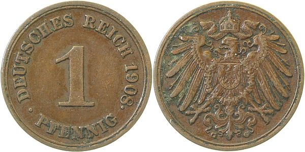 010n08G2.5-P 1 Pfennig  1908G Punkt direkt am 8 !!! ss/vz J 010  