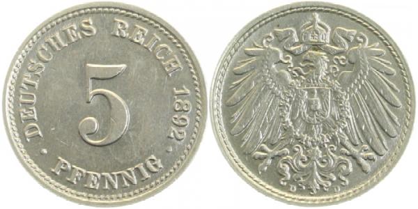01292D~1.5 5 Pfennig  1892D vz/stgl !!! J 012  