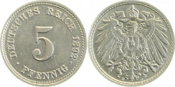 01292D~1.5 5 Pfennig  1892D vz/stgl !!! J 012  