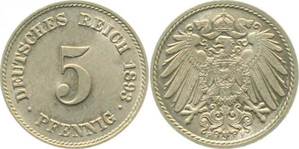 01293F~1.1a-H 5 Pfennig  1893F prfr/stg Erstabschlag (EA)! !!! J 012  