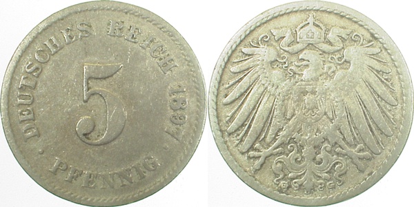 01297G~2.8v 5 Pfennig  1897G ss+G Mzz:doppelt J 012  