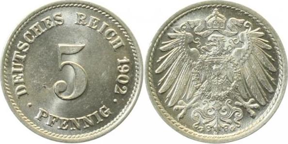 012n02G~1.5b-H 5 Pfennig  1902G f. prfr !! beide Münzzeichen doppelt !! J 012  