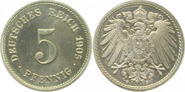012n05G~0.0-IN 5 Pfennig  1905G Polierte Platte RRR J 012  