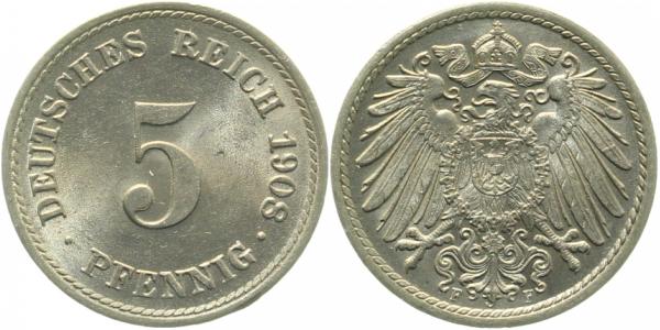 012n08F~1.2 5 Pfennig  1908F prfr!!! J 012  