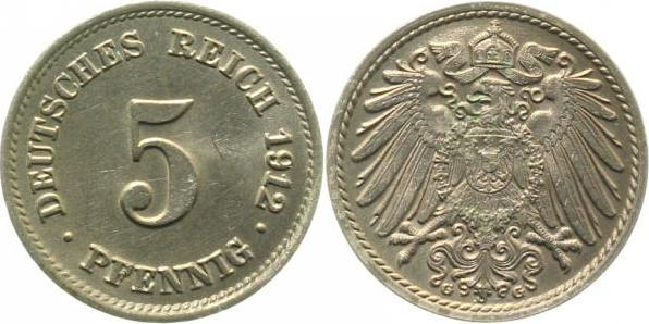 012n12G~1.1 5 Pfennig  1912G prfr/st sch.Patina!! J 012  