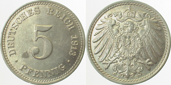 012n13D~1.5b 5 Pfennig  1913D f.prfr winz.Fleck J 012  