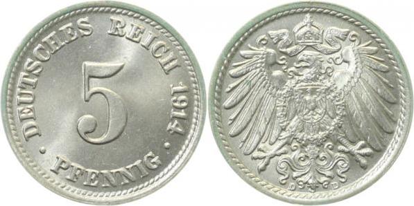 012n14D~0.9 5 Pfennig  1914D st.fein J 012  