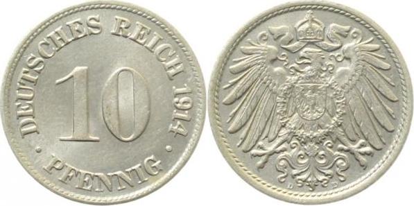 013n14D~1.0 10 Pfennig  1914D stgl!!!! J 013  