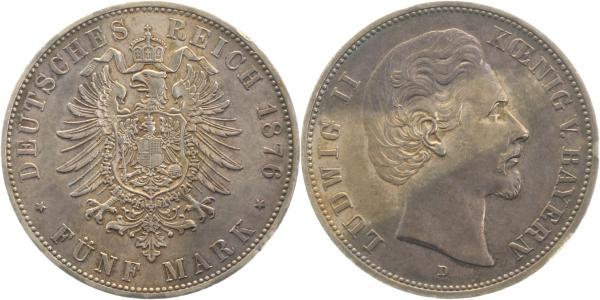 04276D~1.5b 5 Mark  Ludwig II 1876D vz/stgl 2 kl. Randfehler J 042  