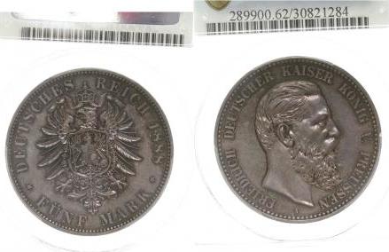 09988A~1.5-GG-PAT 5 Mark  1888A Friedrich III vz/stgl MS62 hübsche Patina !!! J 099  