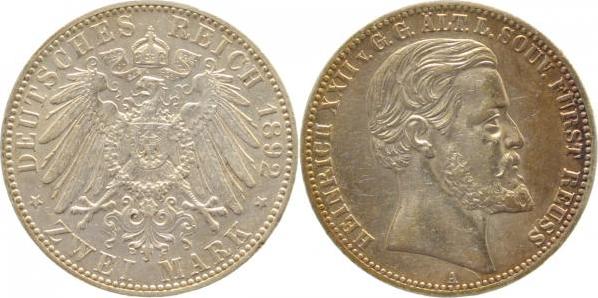 11792A~1.8-GG-PAT 2 Mark  Reuß Heinrich XXII, vz+ leichtgoldene Patina J 117  