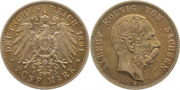 12591E~1.8b-GG-PAT 5 Mark  Albert.v.Sachsen 1891E vz+ winz. Kerbe, schöne Patina J 125  