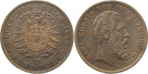 17388F~2.5-GG-PAT 5 Mark  K v.Württemberg 1888F ss/vz schöne Patina J 173  