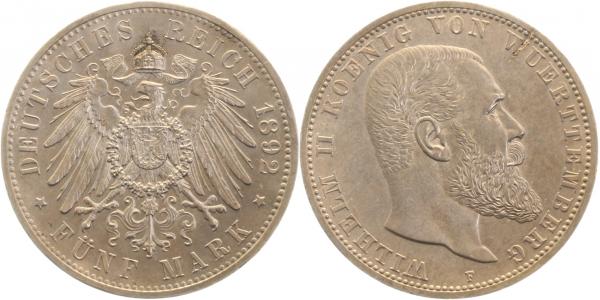 17692F~1.5a 5 Mark  Württ. 1892F f.prfr !!! Erstabschlag kl. Schrötlingsfehler !! J 176  