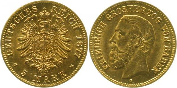 18577G~1.3-GG 5 Mark  Baden Friedrich 1877G f.prf/prfr/stgl!!! 1 Krätzerchen J 185  