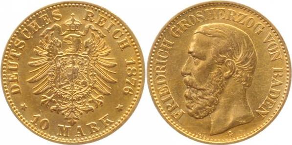 18676G~1.5-GG 10 Mark   Friedrich I von Baden 1876G vz/stgl !!! J 186  