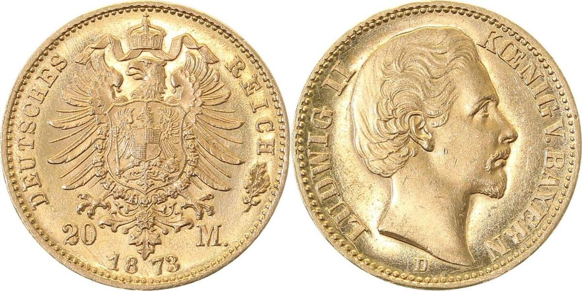 19473D~1.5-0-GG 20 Mark  1873D Ludwig II. v.Bayern vz/st aus Poliete Platte J 194  