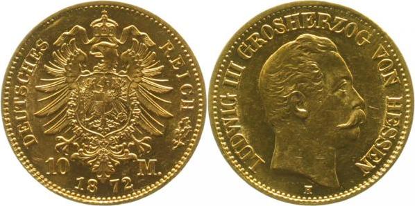 21372H~1.3-GG 10 Mark  1872H Ludwig III Hessen f.prfr/f.stgl !!! J 213  