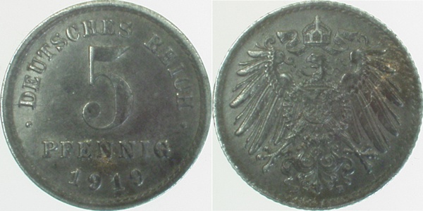 29719E~1.2 5 Pfennig  1919E prfr. J 297  