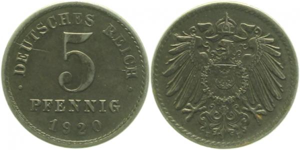 29720E~2.0p 5 Pfennig  1920E vz deutlicher St.Riß !! J 297  
