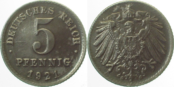29721G~1.1 5 Pfennig  1921G prfr/st J 297  