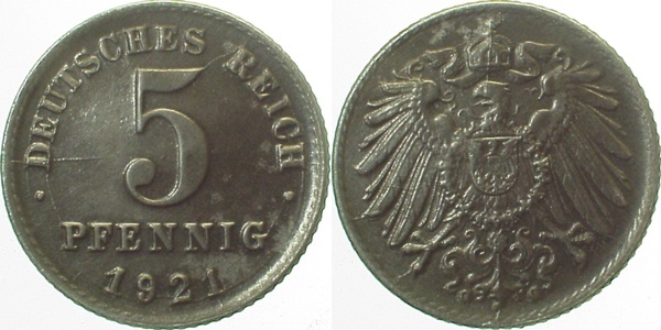 29721G~1.1 5 Pfennig  1921G prfr/st J 297  