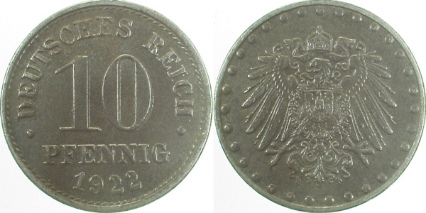 29822F~2.2b 10 Pfennig  1922F vz-VS:gut doppelt! J 298  