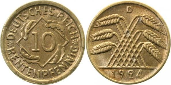 30924D~1.5b 10 Pfennig  1924D f.prfr. selten, 2 Stempelausbrüche J 309  