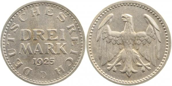 31225D~2.5 3 Reichsmark  1925D Kursmünze ss/vz J 312  