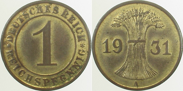 31331A~1.2a 1 Pfennig  1931A prfr/gelbl./rötl. Patina J 313  