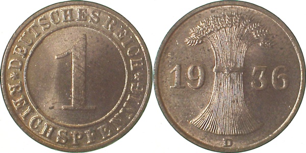31336D~1.1 1 Pfennig  1936D prfr/stgl  RR J 313  