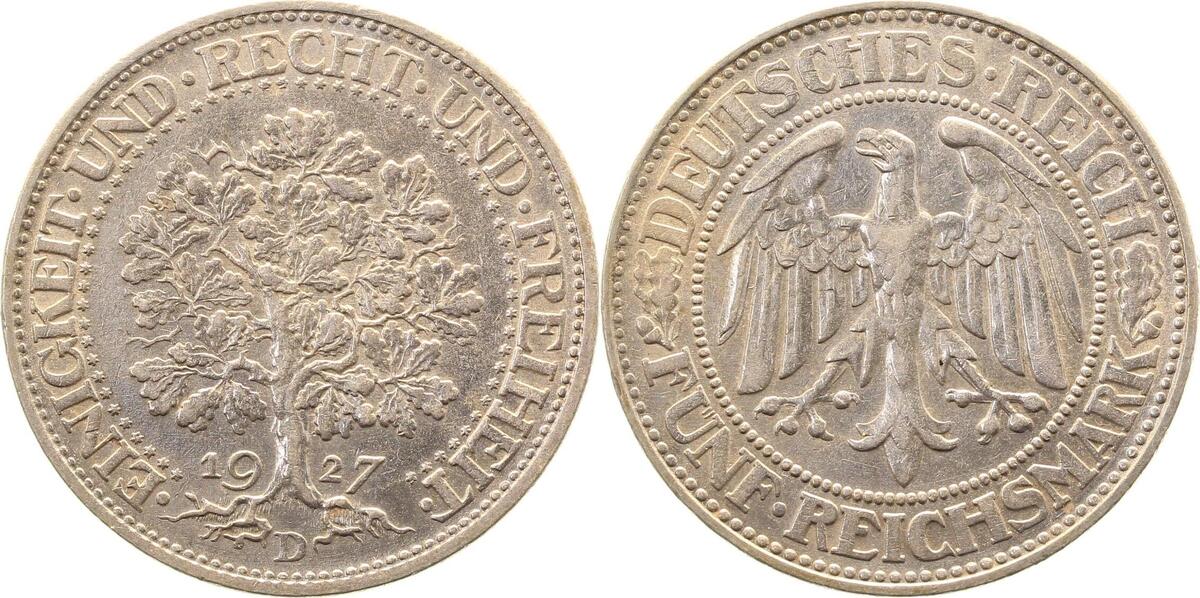 33127D~2.0-GG 5 Reichsmark  1927D Eichbaum vz J 331  