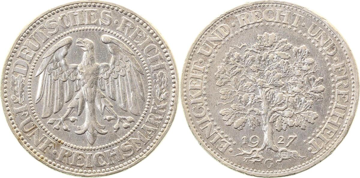 33127G~2.1-GG 5 Reichsmark  1927G Eichbaum f.vz-vz min. Rfn. J 331  