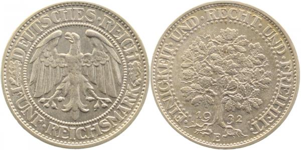 33132E~1.5 5 Reichsmark  1932A Eichbaum f.prfr!! J 331  