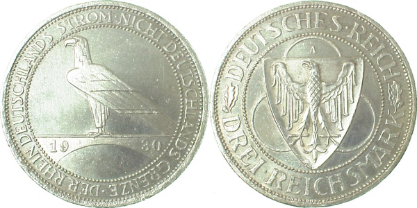 34530A~1.2a 3 Reichsmark  Rheinl.Räumung 1930A f.stgl Erstabschlag (EA)! ! J 345  