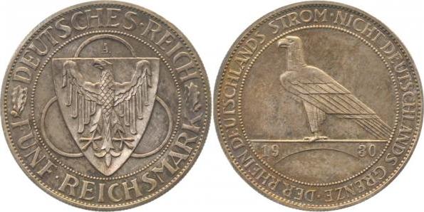 34630A~0.5-PAT 5 Reichsmark  Rheinl.Räum. 1930A PP berieben, herrl. Patina J 346  