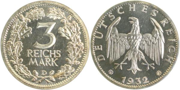 34932D~0.0b 3 Reichsmark  1932D PP winzige Fehler J 349  