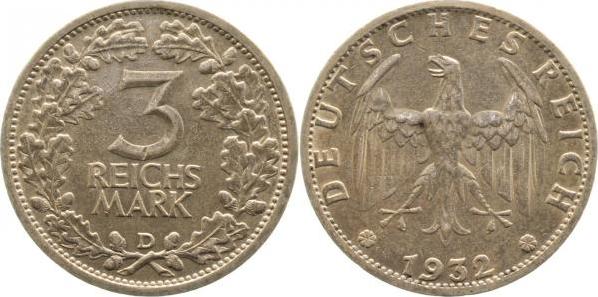 34932D~1.8b-GG 3 Reichsmark  1932D vz+ 1 Kratzer auf die 3 J 349  