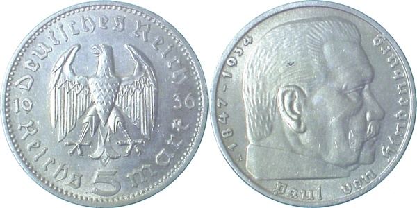 36036A~1.2 5 Reichsmark  Hindenburg 1936A f.stgl J 360  