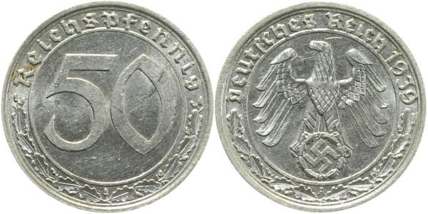 36539A~2.0b 50 Pfennig  1939A vz Jahreszahl deutlich doppelt !!! J 365  