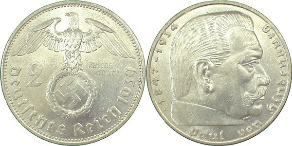 36639A1.5-LP 2 Reichsmark  1939A Hindenburg Licht.Prägung vz/st !!!! J 366  