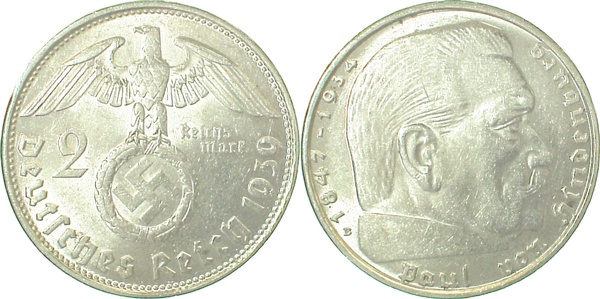 36639B~1.1 2 Reichsmark  Hindenburg 1939B prfr/stgl!!! J 366  