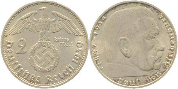 36639G~1.5 2 Reichsmark  Hindenburg 1939G vz/st J 366  