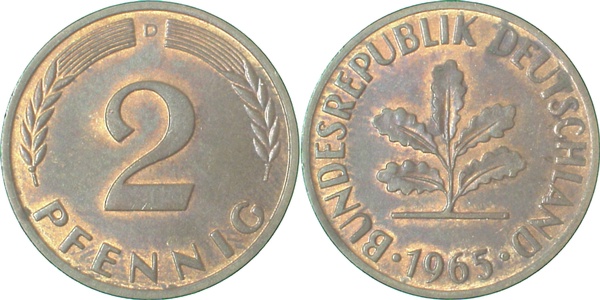 38165D~1.0c 2 Pfennig  1965D stgl leicht Patina J 381  