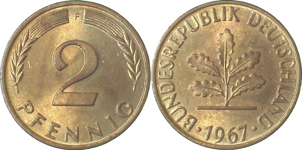 38167F~0.9 2 Pfennig  1967F st.fein!!, Archiv Franquinet J 381  