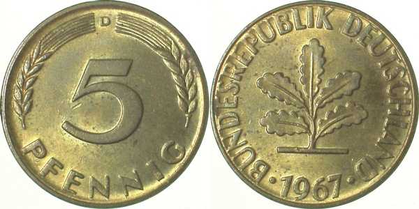 38267D~1.1 5 Pfennig  1967D bfr/stgl J 382  