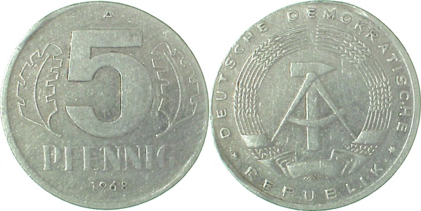 F150968A2.6 5 Pfennig  DDR 68A falsch.Schrötl.0,96g, J1509  