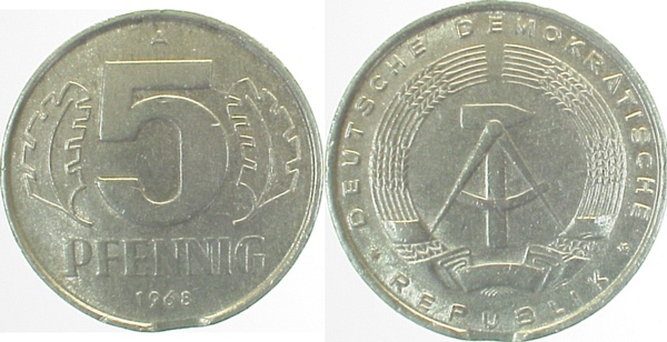 F150968A3.0 5 Pfennig  1968A DDR ss Zainende J1509  